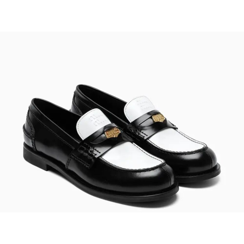 MIU MIU Leather Penny Loafers Black/White Sz 42